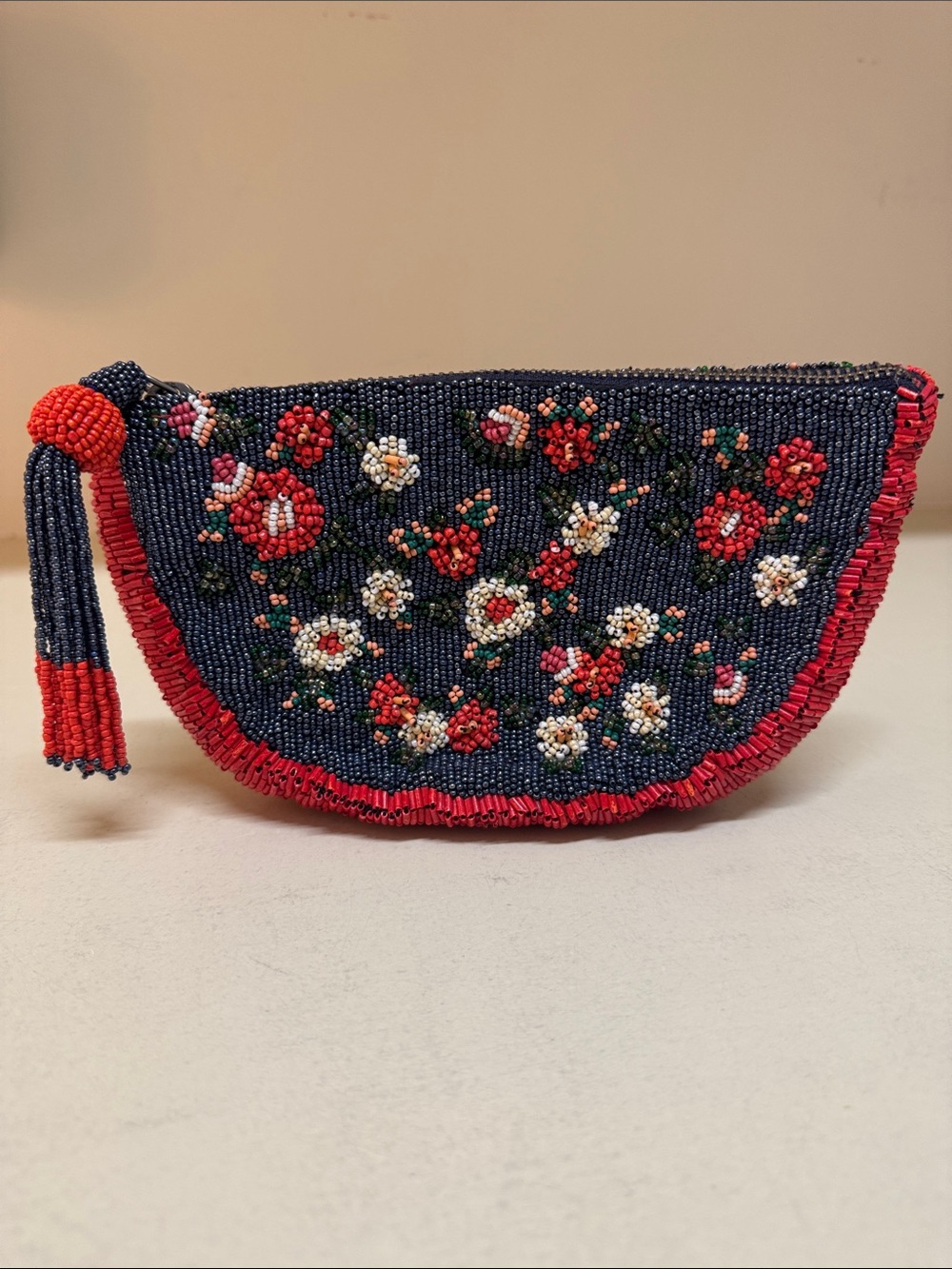 Anthropologie Navy Beaded Floral Pouch